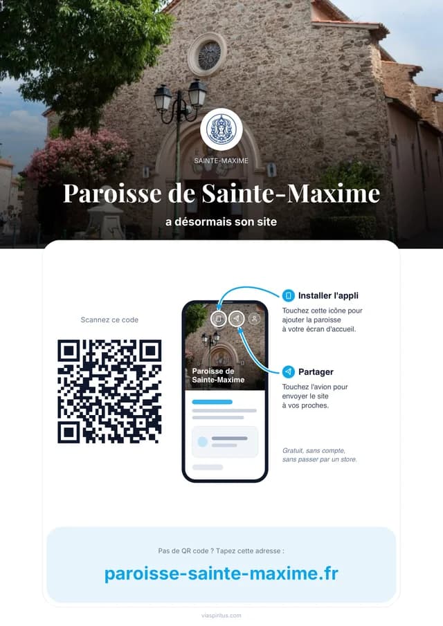 Affiche de bienvenue de la paroisse de Sainte-Maxime : photo de l'église, QR code, et un téléphone qui montre comment installer le site et le partager.