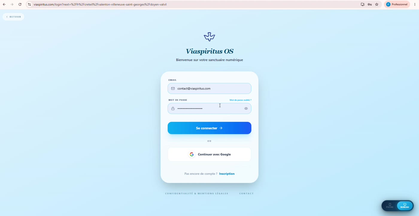 La page de connexion Viaspiritus OS