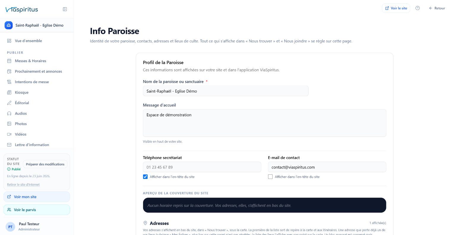 Info Paroisse : nom, adresse, téléphone, email