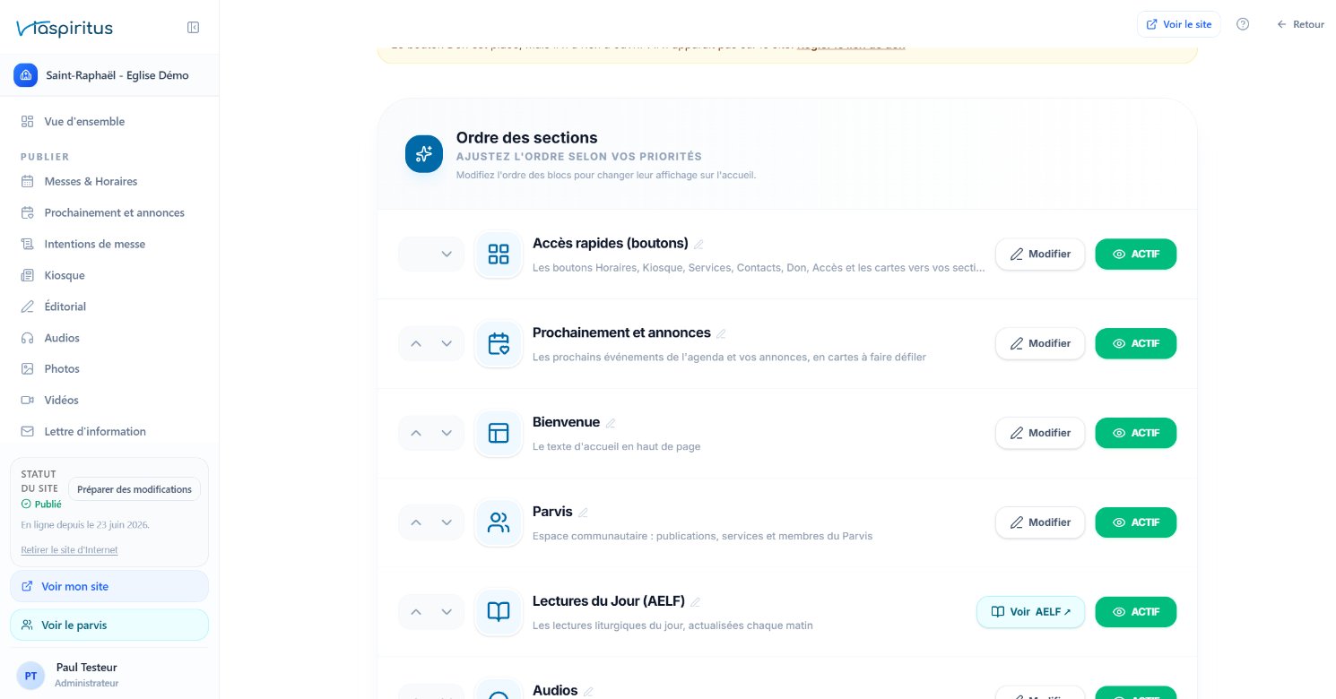 Organisation du site : activer et réordonner les blocs