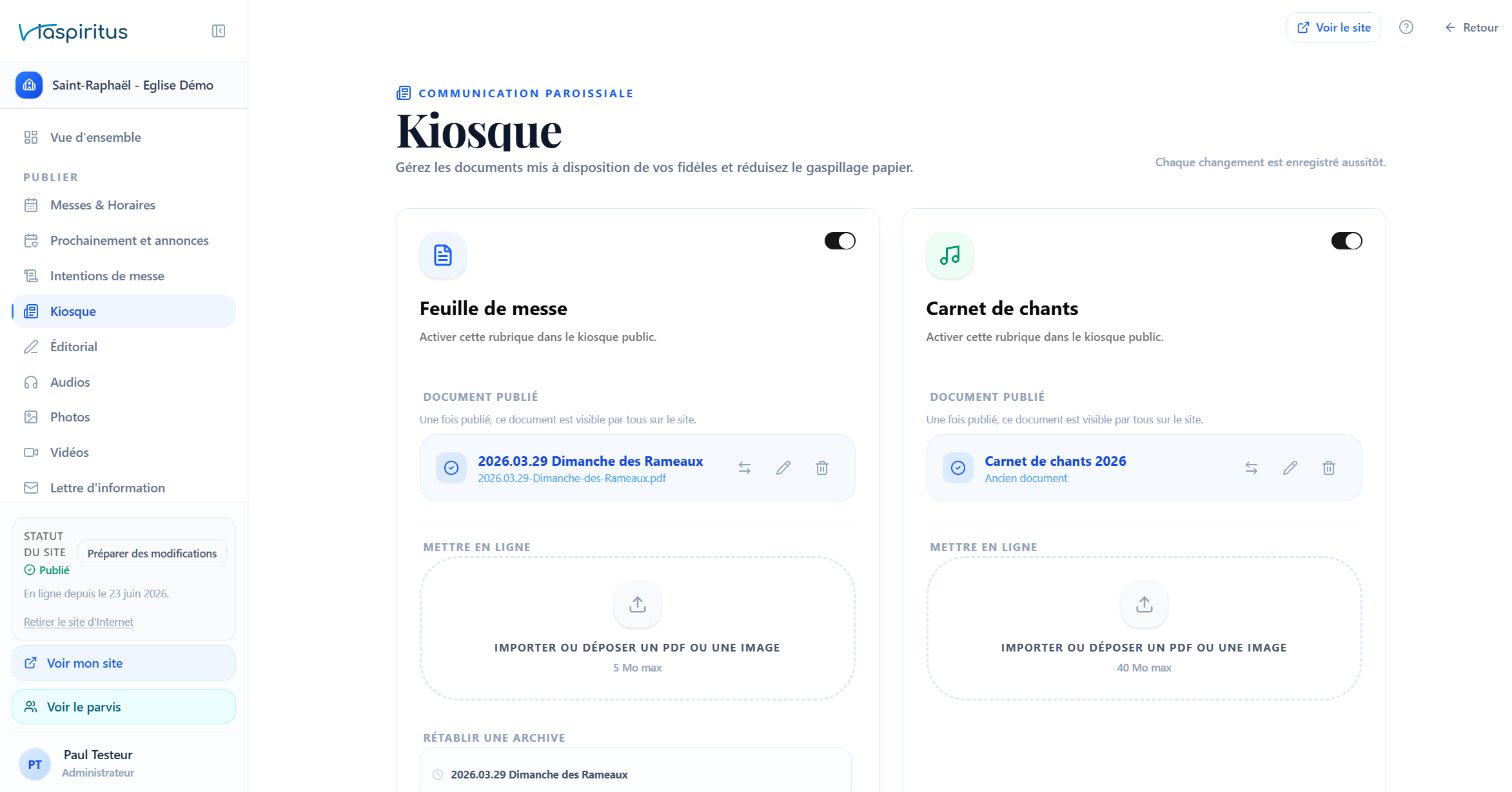 Kiosque : feuille de messe, feuille d'info paroissiale, carnet de chant