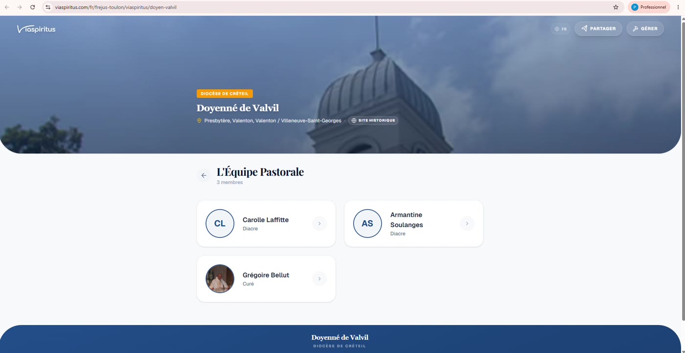 La section L'Équipe Pastorale sur le site