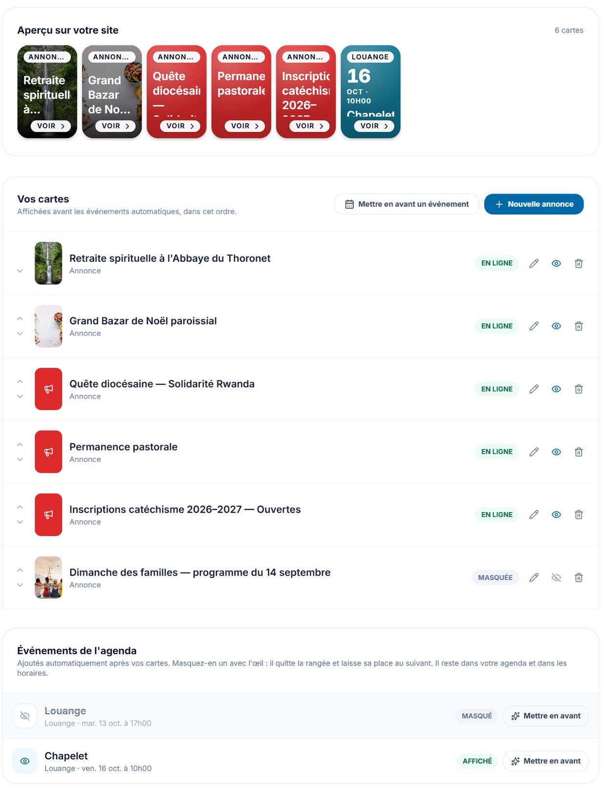 écran Prochainement et annonces, avec l'« Aperçu sur votre site » rempli de trois ou quatre cartes, la liste « Vos cartes » et la liste « Événements de l'agenda » dont un événement masqué (œil barré)