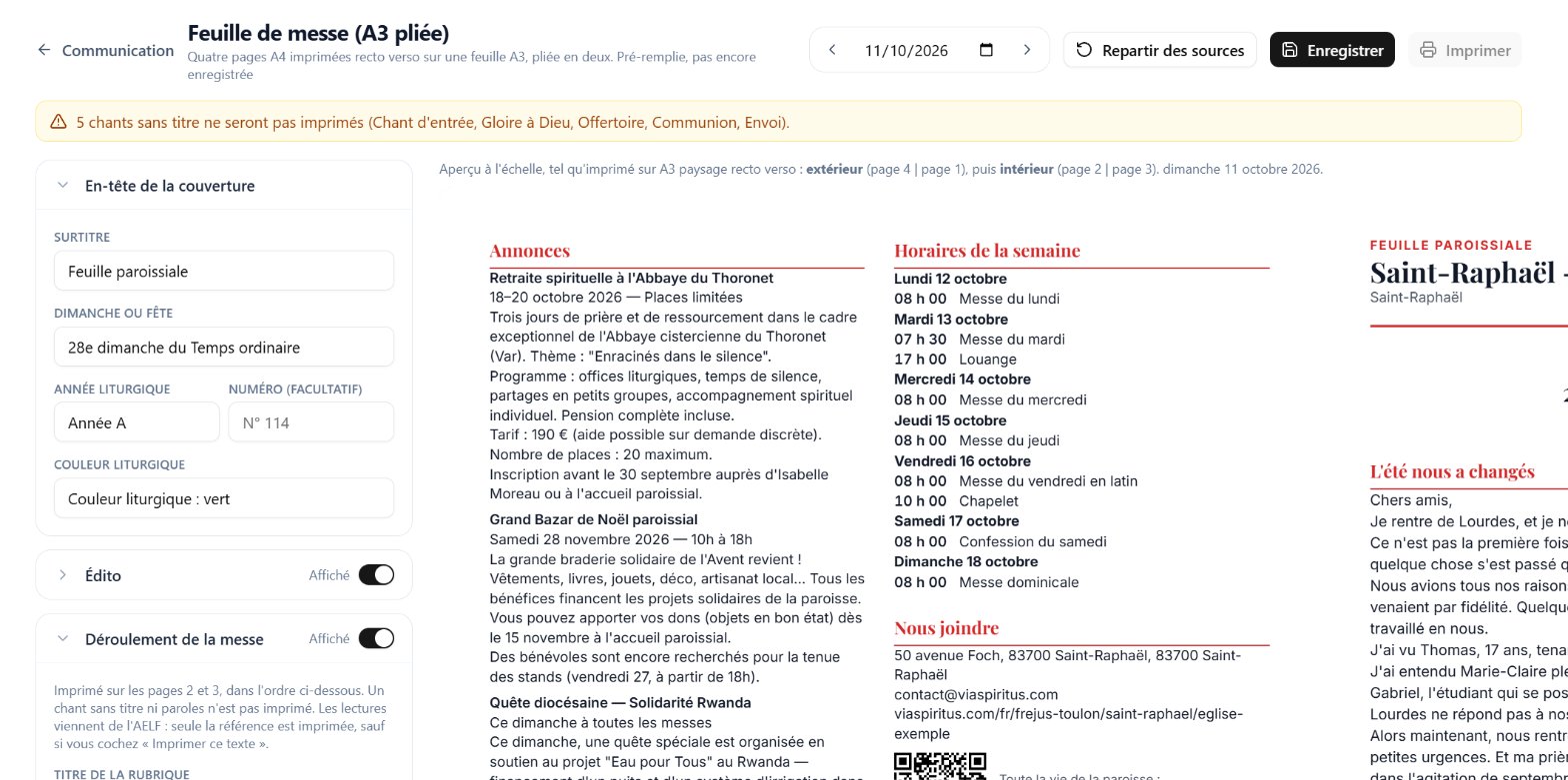 éditeur de la feuille de messe A3, colonne des rubriques à gauche et aperçu des quatre pages à droite