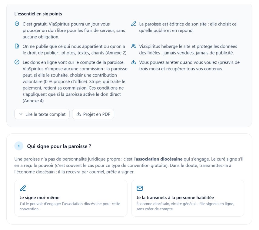 écran Paramètres › Convention, état « à signer », étape 1 « Qui signe pour la paroisse ? » visible