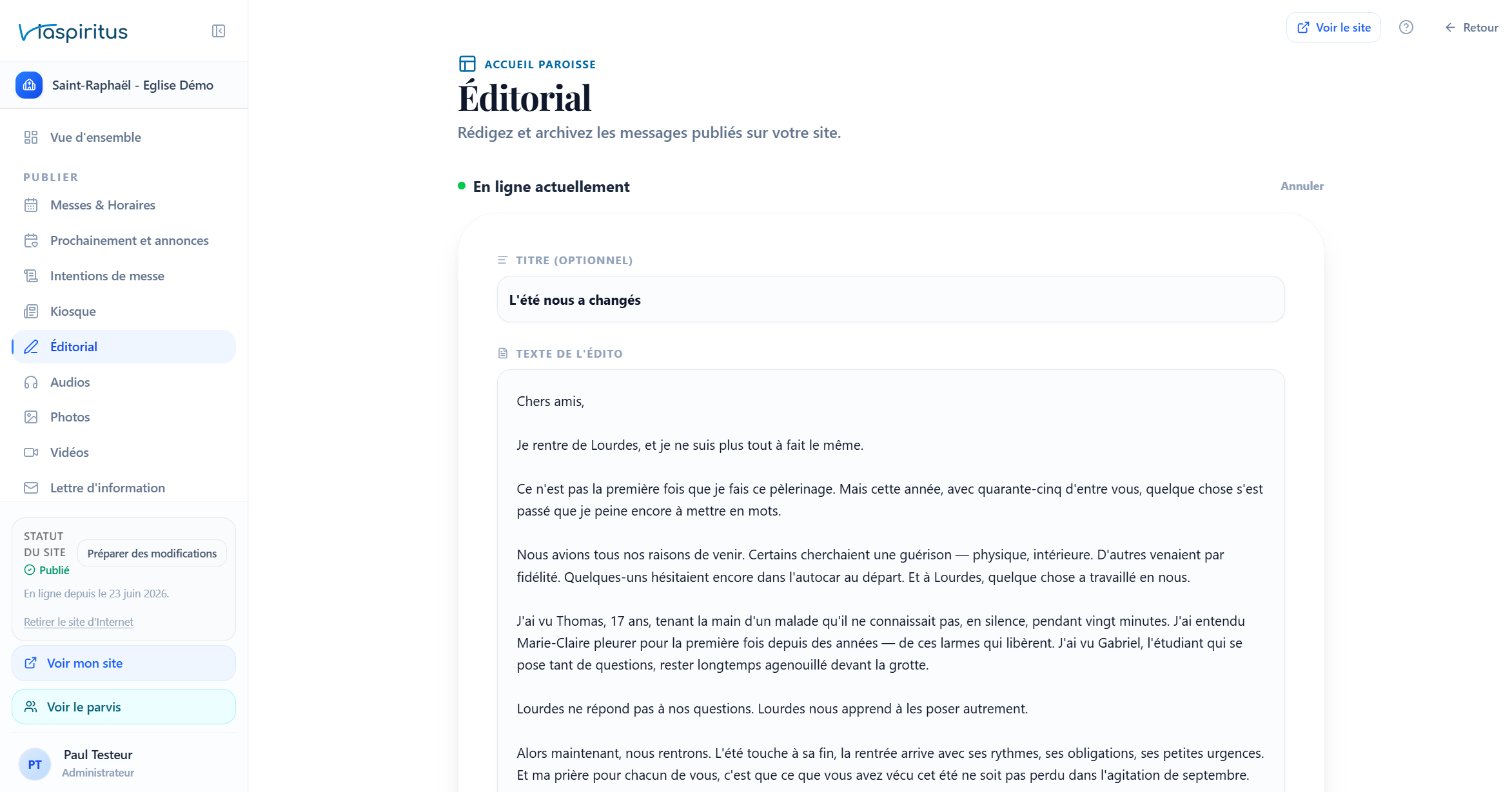 Éditorial : le mot du curé dans le backoffice