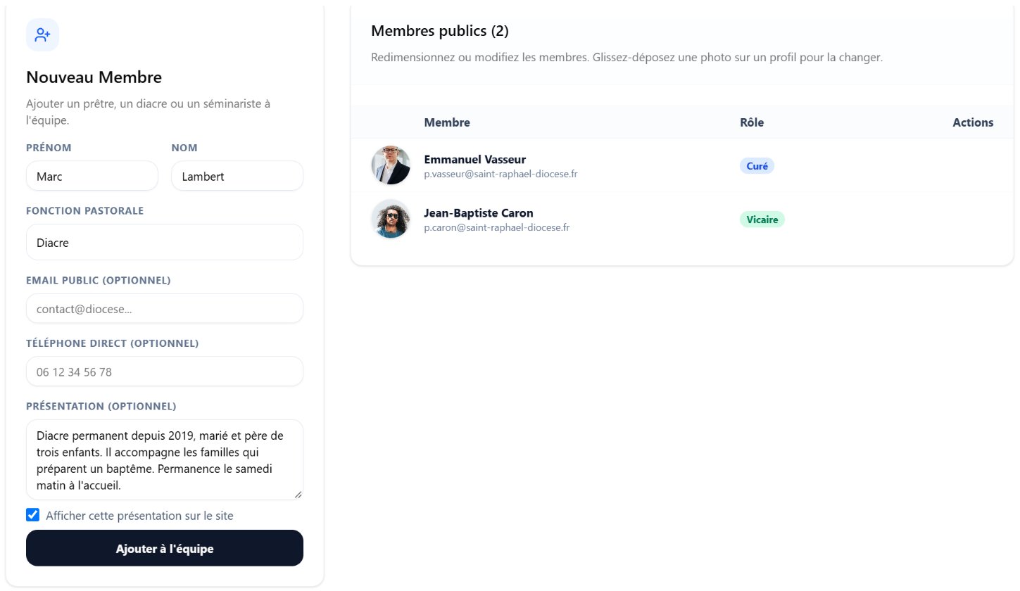 Équipe Pastorale, formulaire « Nouveau Membre » avec une présentation saisie, et sur le site la présentation dépliée d'un membre