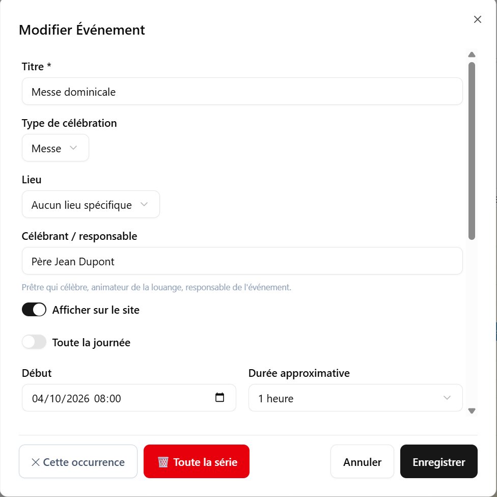 Messes & Horaires, fenêtre d'une célébration avec le champ « Célébrant / responsable » rempli et « Afficher sur le site » activé