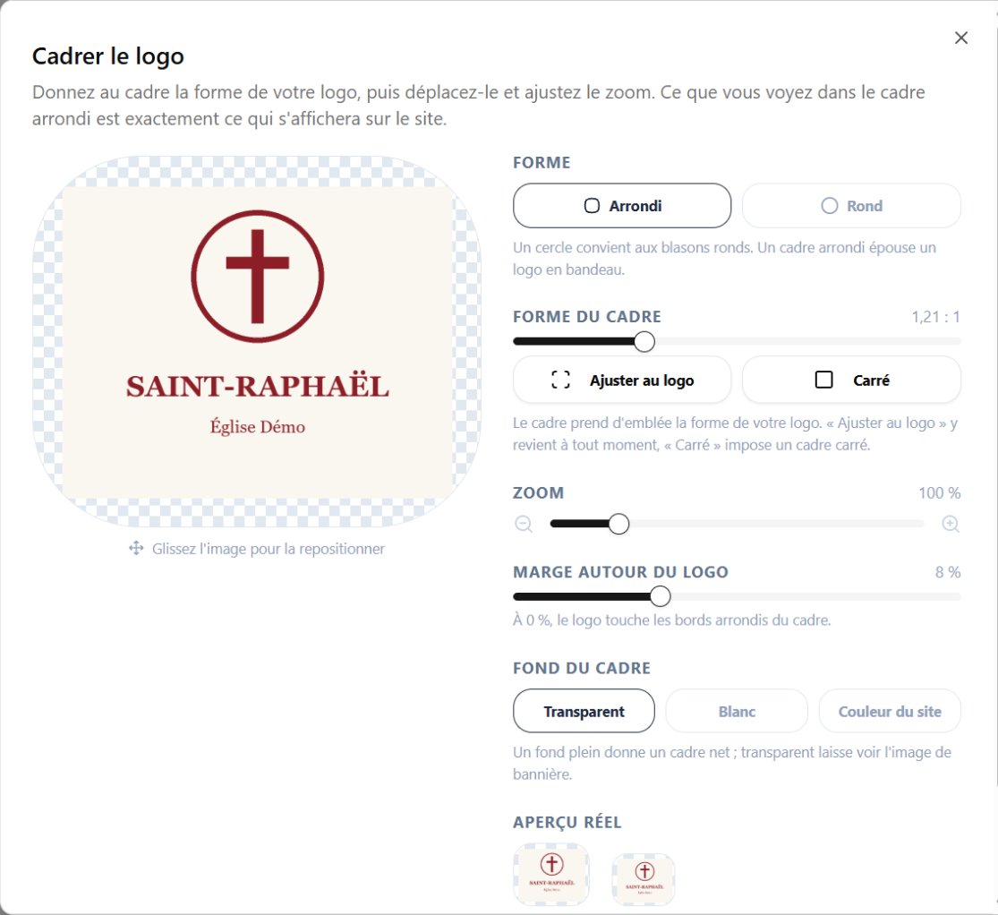 Charte Graphique, fenêtre « Cadrer le logo » ouverte avec les réglages Forme, Zoom et Fond du cadre