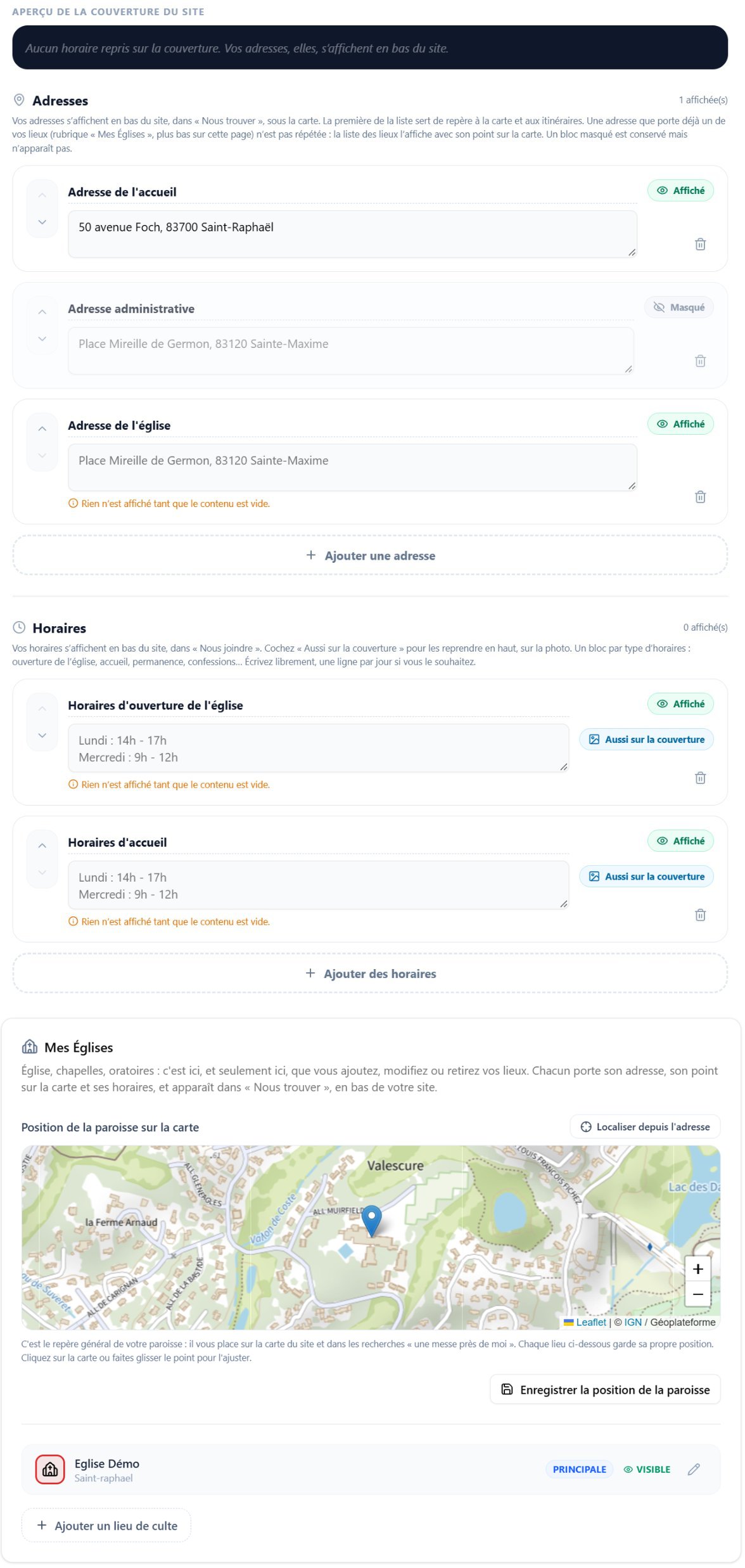 Info Paroisse, carte « Profil de la Paroisse » avec les blocs Adresses et Horaires remplis et l'aperçu de la couverture