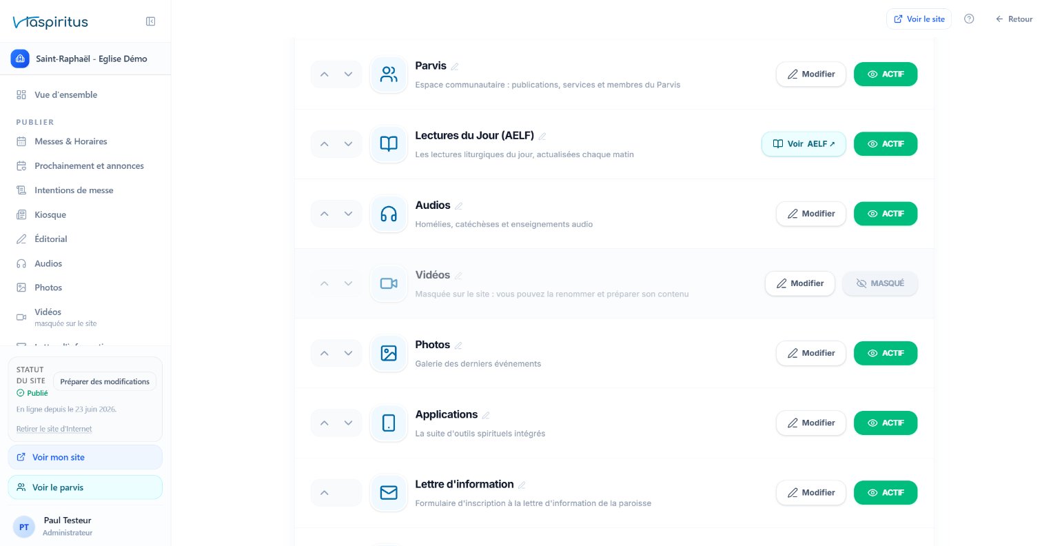 groupe PUBLIER du menu et page Organisation du site côte à côte : la section Vidéos masquée, et dans le menu l'onglet Vidéos avec la mention « masquée sur le site »